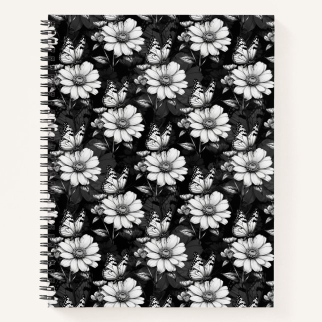 Cuaderno Diseño de patrones de flor de mariposa - Negro (Anverso)