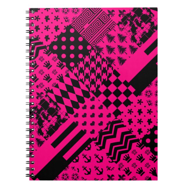 Cuaderno Diseño de patrones mixtos rosados negros (Frente)