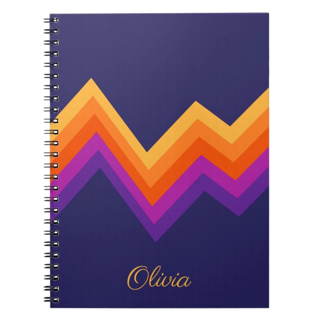Cuaderno Diseño de zigzag retro morado, naranja y amarillo (Frente)