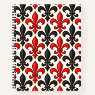 Cuaderno Diseño del patrón rojo negro barroco Fleur-de-lis