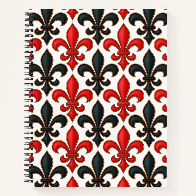 Cuaderno Diseño del patrón rojo negro barroco Fleur-de-lis (Anverso)