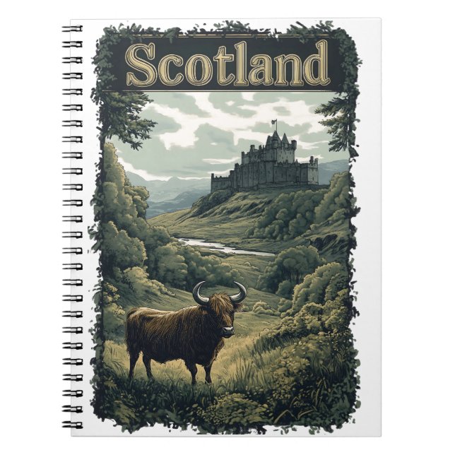 Cuaderno Diseño escocés: Vaca Highland, castillo y paisaje (Frente)