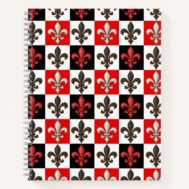 Cuaderno Diseño Fleur-de-lis con cuadros blancos rojos (Anverso)