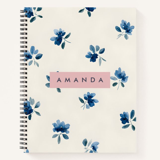 Cuaderno Diseño floral azul elegante y personalizado (Anverso)