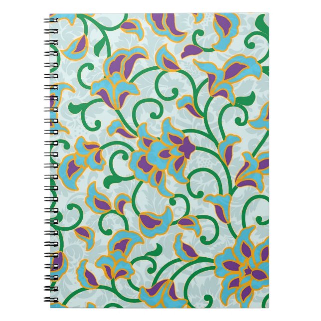 Cuaderno Diseño Floral Azul Verde Y Morado Retro (Frente)