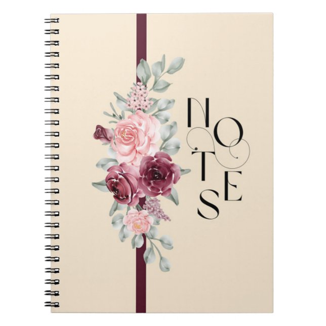 Cuaderno Diseño floral con cinta de opciones en rosa y negr (Frente)