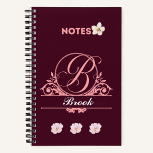 Cuaderno Diseño floral de nombre personalizado en Borgoña