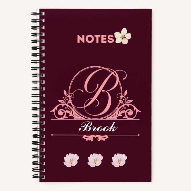 Cuaderno Diseño floral de nombre personalizado en Borgoña (Anverso)