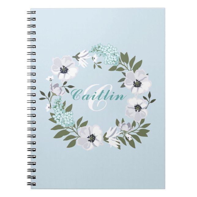 Cuaderno Diseño floral monogramado en blanco, negro y Verde (Frente)