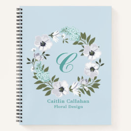 Cuaderno Diseño floral monogramado en blanco, negro y Verde