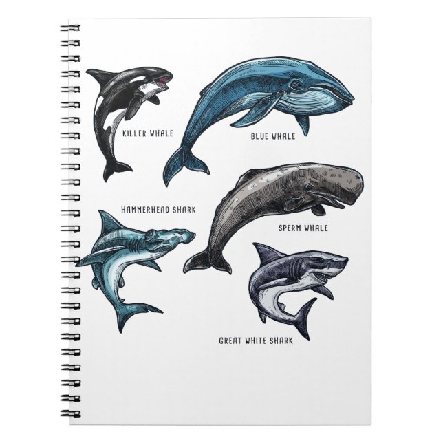 Cuaderno Diseño gráfico de ballenas y tiburones para la vid (Frente)