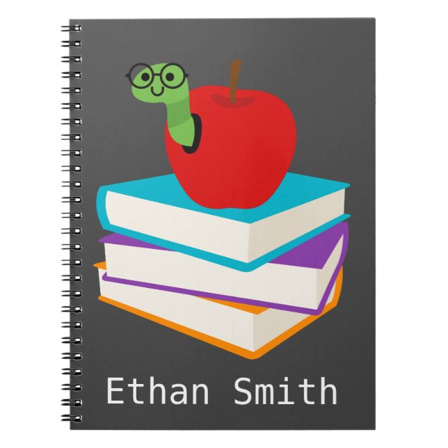 Cuaderno Diseño infantil de gusano de libro lindo con manza (Frente)