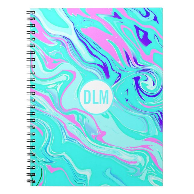 Cuaderno Diseño moderno de efecto azul, rosa y mármol púrpu (Frente)