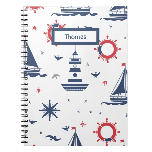 Cuaderno Diseño náutico azul, blanco y rojo (Frente)