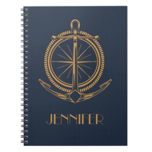 Cuaderno Diseño náutico con brújula y ancla de oro