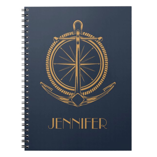 Cuaderno Diseño náutico con brújula y ancla de oro (Frente)