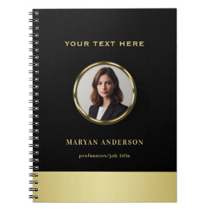 Cuaderno Diseño negro y dorado, logotipo o foto en círculo 