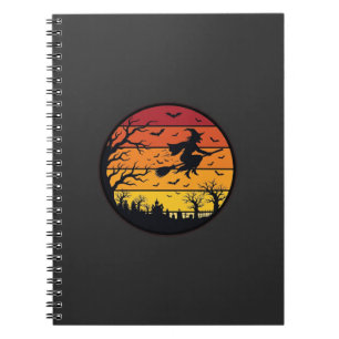 Cuaderno Diseño Retro Círculo Silueta Bruja Atardecer Hallo