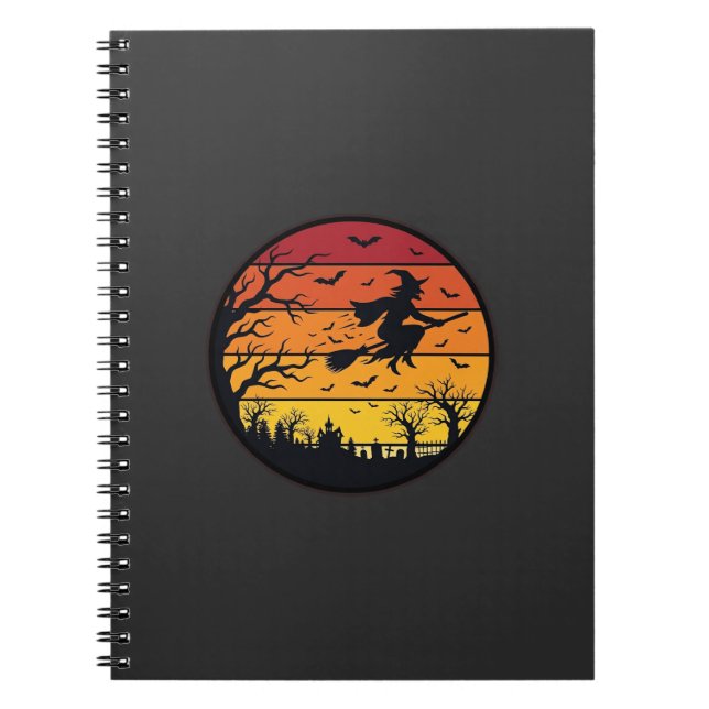 Cuaderno Diseño Retro Círculo Silueta Bruja Atardecer Hallo (Frente)
