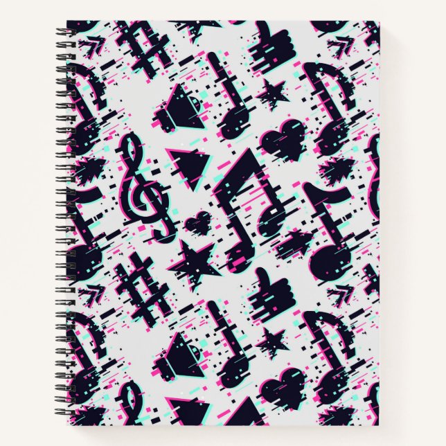 Cuaderno Distorsión del patrón de notas musicales y corazon (Anverso)
