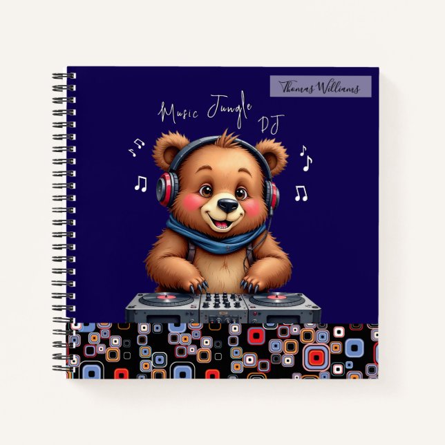 Cuaderno Dj de oso pardo sonriente, jungla musical feliz (Anverso)