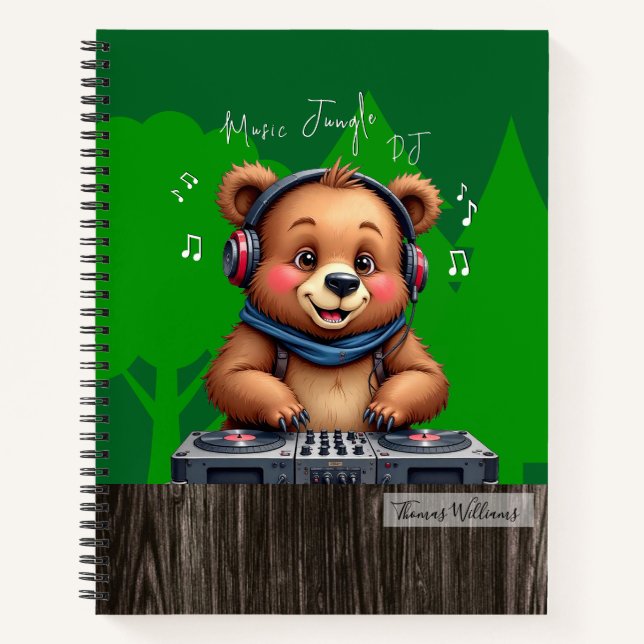 Cuaderno Dj de oso pardo sonriente, jungla musical feliz (Anverso)