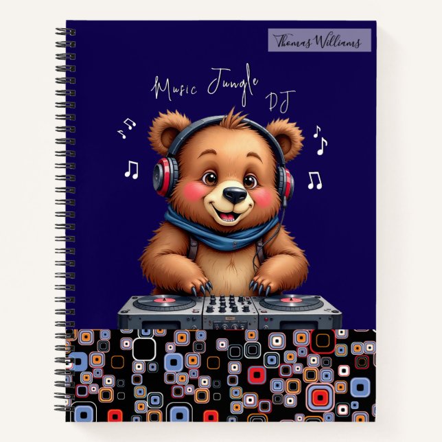 Cuaderno Dj de oso pardo sonriente, jungla musical feliz (Anverso)