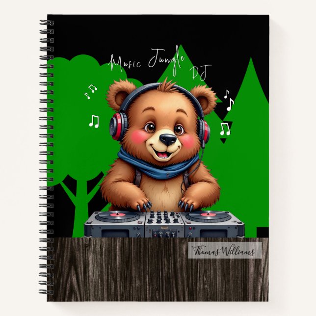 Cuaderno Dj de oso pardo sonriente, jungla musical feliz (Anverso)