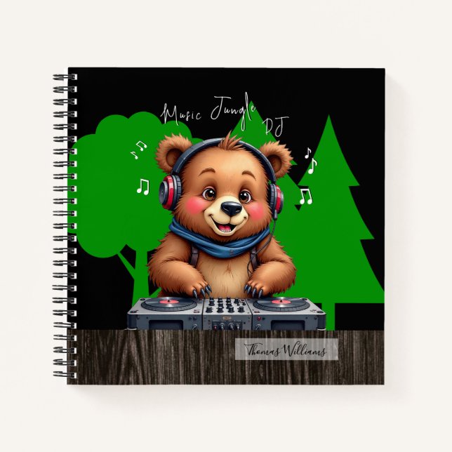 Cuaderno Dj de oso pardo sonriente, jungla musical feliz (Anverso)