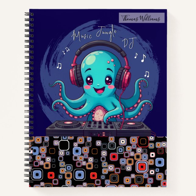 Cuaderno DJ de pulpo sonriente, jungla musical feliz (Anverso)