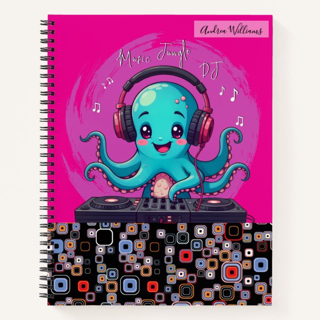 Cuaderno DJ de pulpo sonriente, jungla musical feliz (Anverso)