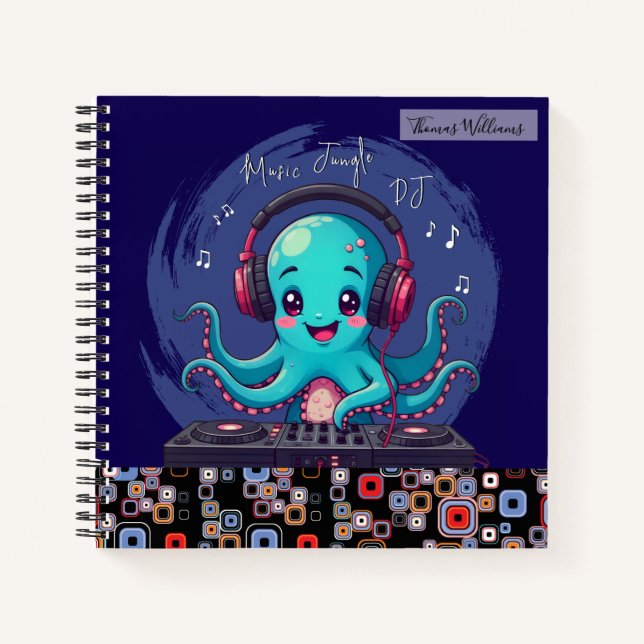 Cuaderno DJ de pulpo sonriente, jungla musical feliz (Anverso)