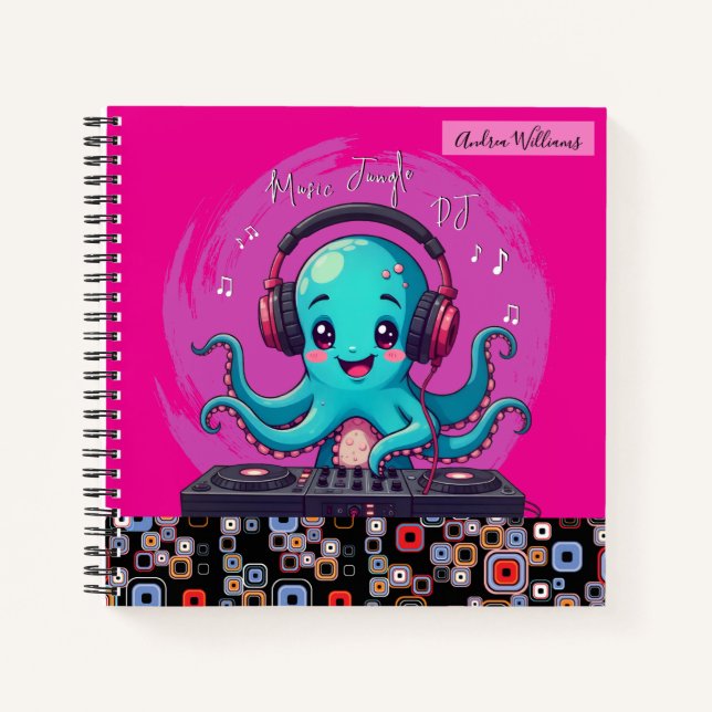 Cuaderno DJ de pulpo sonriente, jungla musical feliz (Anverso)