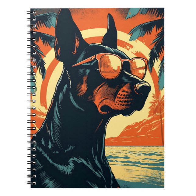 Cuaderno Doberman en una playa tropical al atardecer (Frente)