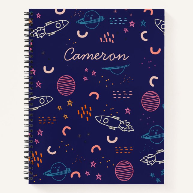 Cuaderno Doodle de espacio y planetas en azul personalizado (Anverso)