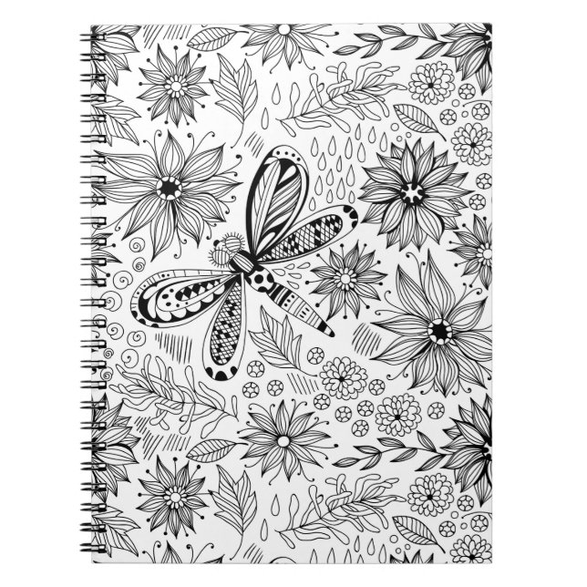Cuaderno Doodle de libélula y flores (Frente)