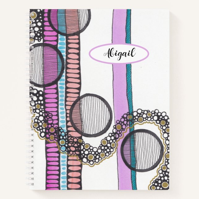 Cuaderno doodle de rayas de bonito y círculos, personalizad (Anverso)