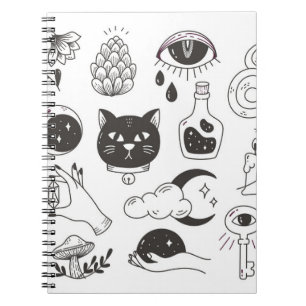 Cuaderno doodle de tatuaje místico dibujado a mano, insigni