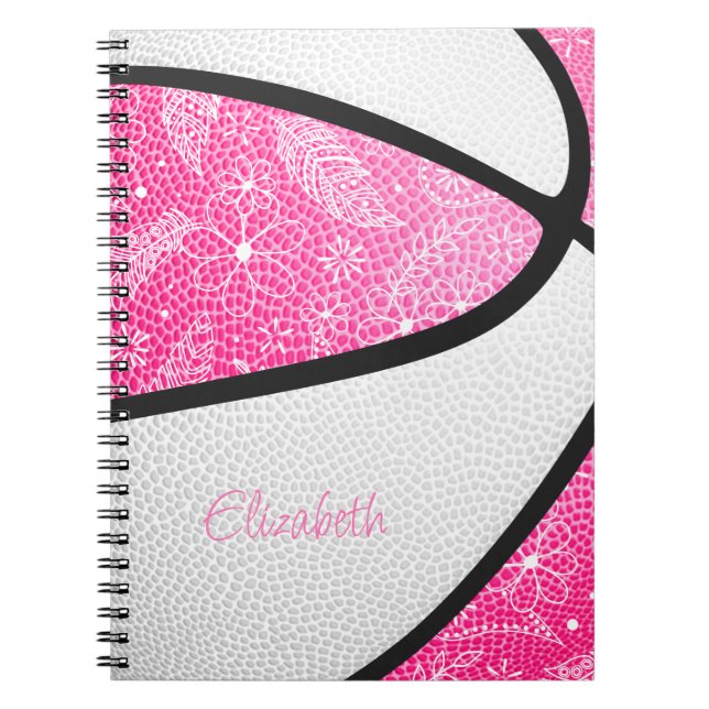 Cuaderno Doodle deportivo boho plumas rosa blanco baloncest (Frente)