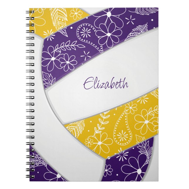 Cuaderno doodle floral oro morado boho voleibol (Frente)