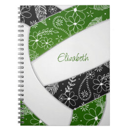 Cuaderno doodle floral patrón verde negro boho voleibol