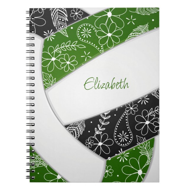 Cuaderno doodle floral patrón verde negro boho voleibol (Frente)