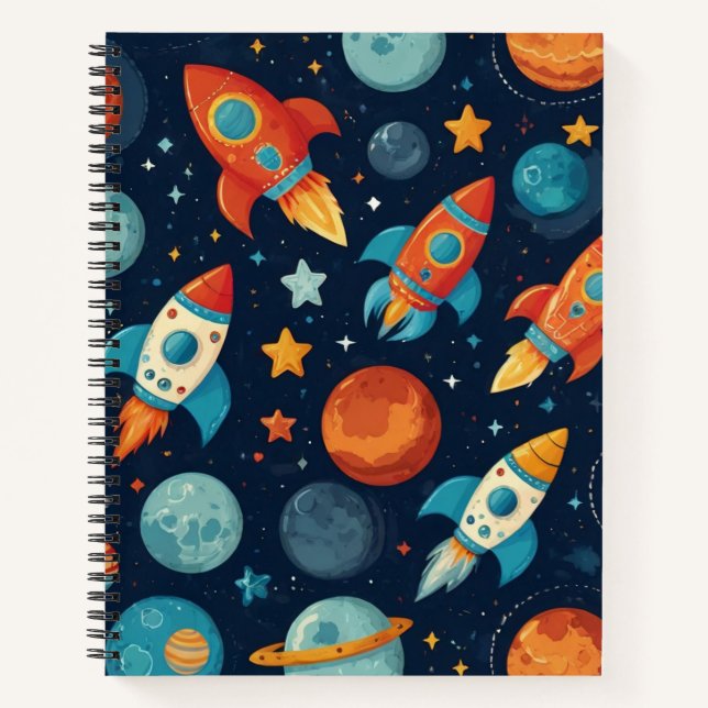Cuaderno Doodle genial del tema de cohete espacial y planet (Anverso)