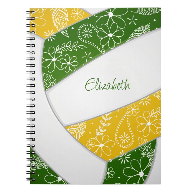 Cuaderno doodle plumas de oro verde voleibol (Frente)