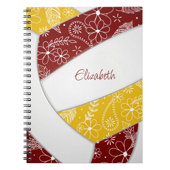 Cuaderno doodle plumas maroon gold boho voleibol (Frente)