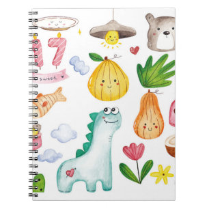 Cuaderno Doodles de color de agua kawaii aislados en el fon