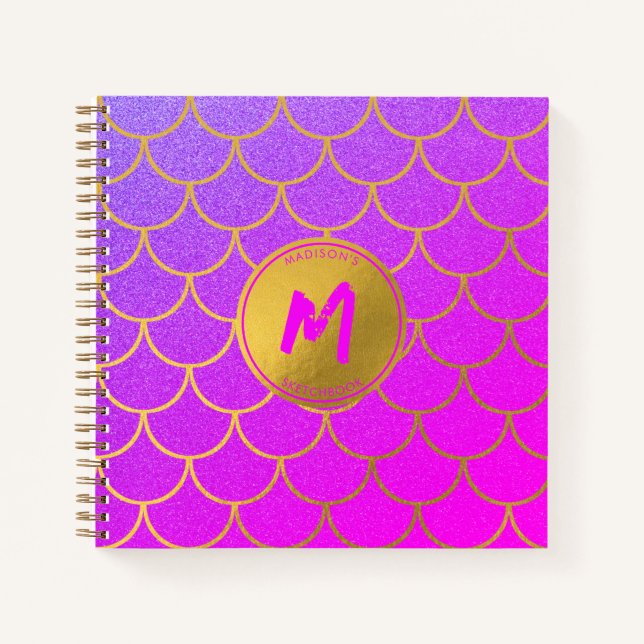 Cuaderno Dorada Mermaid Scales Pink Purple Purpurina Sketch (Anverso)