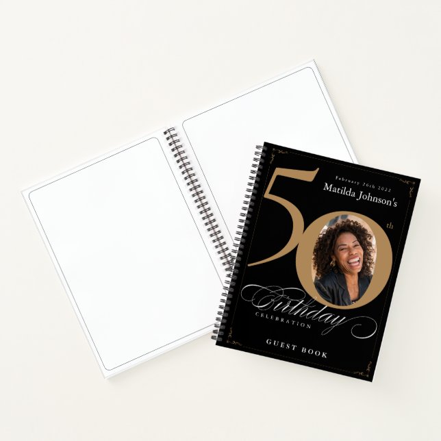Cuaderno Dorado Black 50th Birthday Script Elegant Guestboo (Interior)