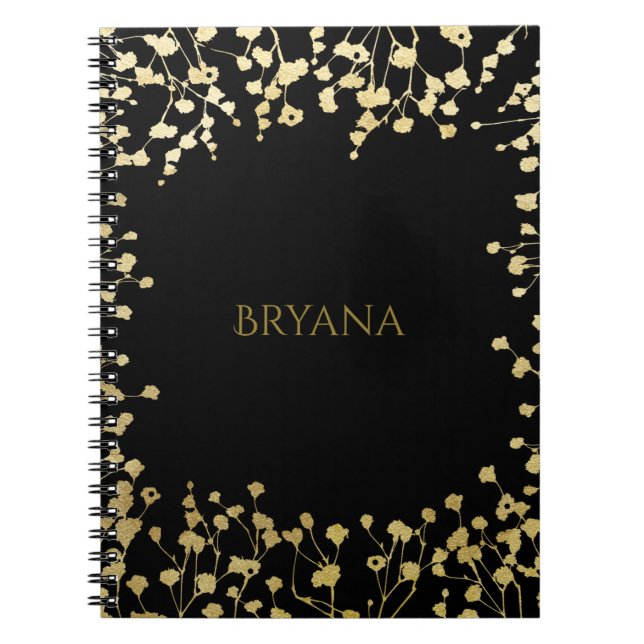 Cuaderno Dorado del bebé floral elegante negro (Frente)