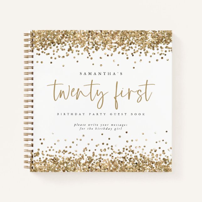 Cuaderno Dorado Purpurina Borders 21st Birthday Guest Book (Anverso)